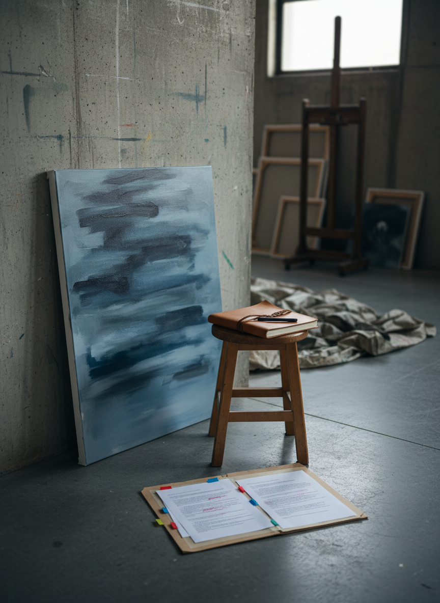 A quiet corner of a studio with a large, unfinished canvas leaning against a concrete wall, rough brushstrokes of deep blues and smoky grays stretching across its surface. In front of it, a small stool holds a closed sketchbook secured with a leather strap, a graphite stick resting on top. On the floor, an open folder reveals typed interview pages with color-coded tabs. Cool, diffused daylight spills in from a high window, grazing the textured wall and the canvas, while the rest of the studio recedes into soft shadow. Photographic realism, wide-angle at eye level, with balanced composition that feels sophisticated, raw, and deeply focused on the process of making and discussing true work.