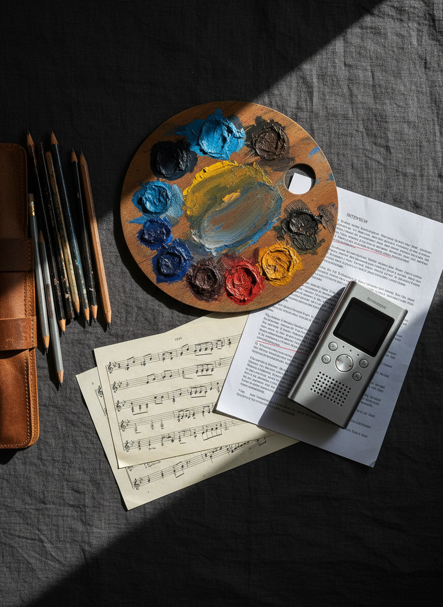 A carefully curated flat lay of creative tools arranged on a dark linen backdrop: a smudged paint palette with dried streaks of ultramarine and ochre, a worn graphite pencil set, a stack of music notation paper with half-finished bars, and a slim, silver digital recorder resting on top of a typed interview sheet. A single, thin beam of morning light crosses diagonally, creating subtle highlights on the metal and deep, soft-edged shadows between objects. Photographic realism with a top-down, bird’s-eye composition, rich but restrained color, and a sophisticated, editorial mood that conveys the interconnected work of writers, musicians, and visual artists sharing their process.
