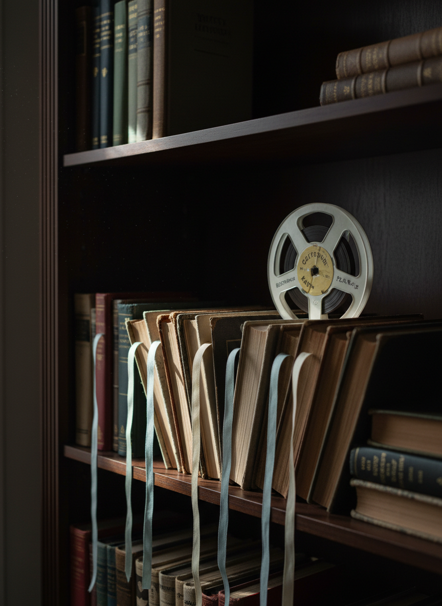 An elegant, dark-wood bookshelf with a single open space where several books have been pulled forward, their pages fanned open and marked with thin linen ribbons. Between them, a small, vintage reel-to-reel tape labeled with handwritten artist names rests upright, its plastic reels catching a sliver of cool light from a nearby window. Dust motes float in the air, softly illuminated against the shadowed shelves filled with poetry, music histories, and art monographs. Photographic realism, captured at a slight side angle with a moderate depth of field, creating a refined, contemplative mood that suggests archival care and the long conversation between artists and interviewers.