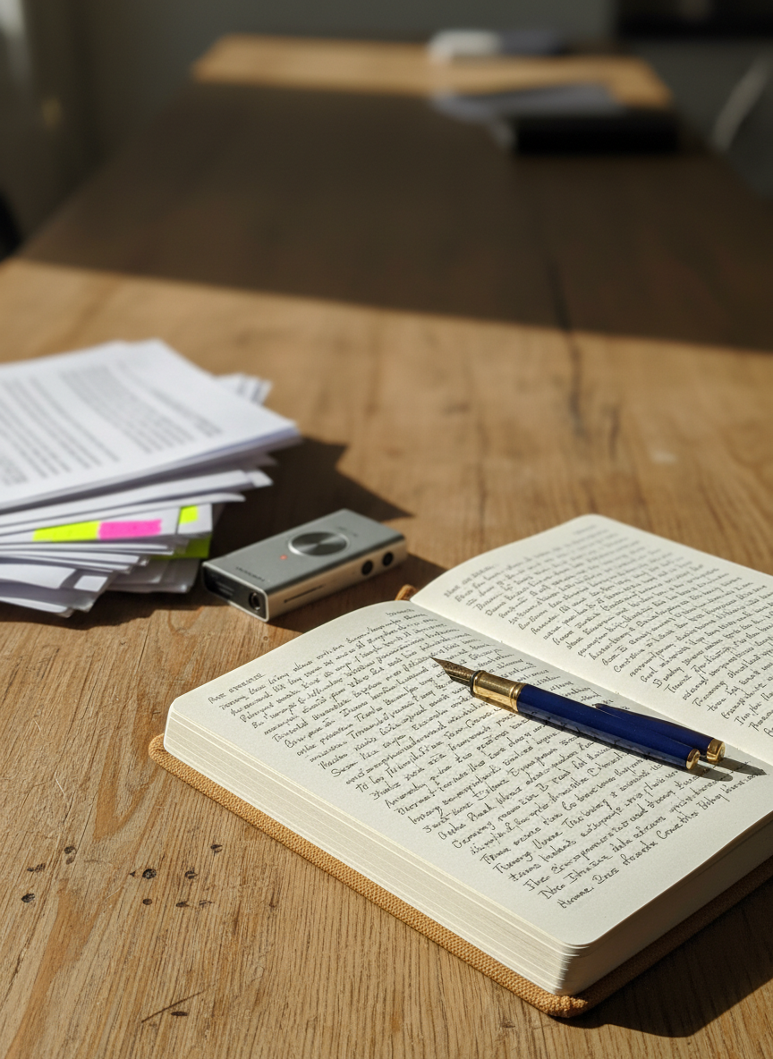 An open, cloth-bound journal filled with dense, handwritten lines in dark ink, centered on a long oak table scarred with decades of use. A fountain pen with a deep indigo barrel and gold nib rests diagonally across the page, ink still glistening. To one side, a stack of printed interview transcripts with highlighted passages leans against a slim digital voice recorder. Soft, overcast daylight washes in from an unseen window, creating gentle, diffuse shadows and a calm, introspective atmosphere. Shot from a slightly elevated angle in photographic realism, with a shallow depth of field that blurs the far end of the table, emphasizing process, reflection, and the quiet courage of putting words into the world.