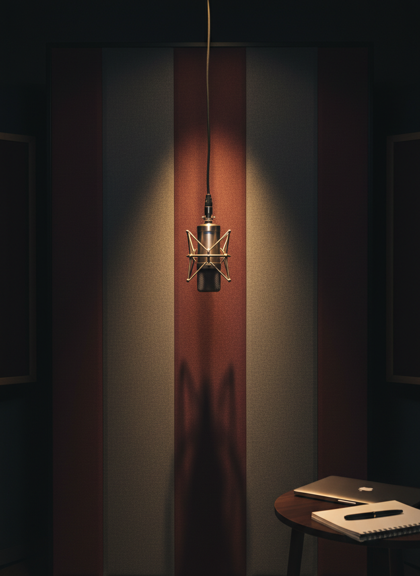 A minimalist recording nook featuring a single vintage ribbon microphone suspended in front of a sound-absorbing fabric panel in muted charcoal and deep burgundy tones. The microphone’s textured metal grille and polished chrome body catch a narrow shaft of warm spotlight from above, while the background falls into velvety darkness with only faint suggestions of acoustic panels. A spiral notebook and closed laptop sit on a small side table in the lower frame, softly lit, hinting at questions ready to be asked. Photographic realism, dramatic side lighting, and a centered, vertical composition create a sophisticated, cinematic mood that suggests intimate, unfiltered conversations with artists.