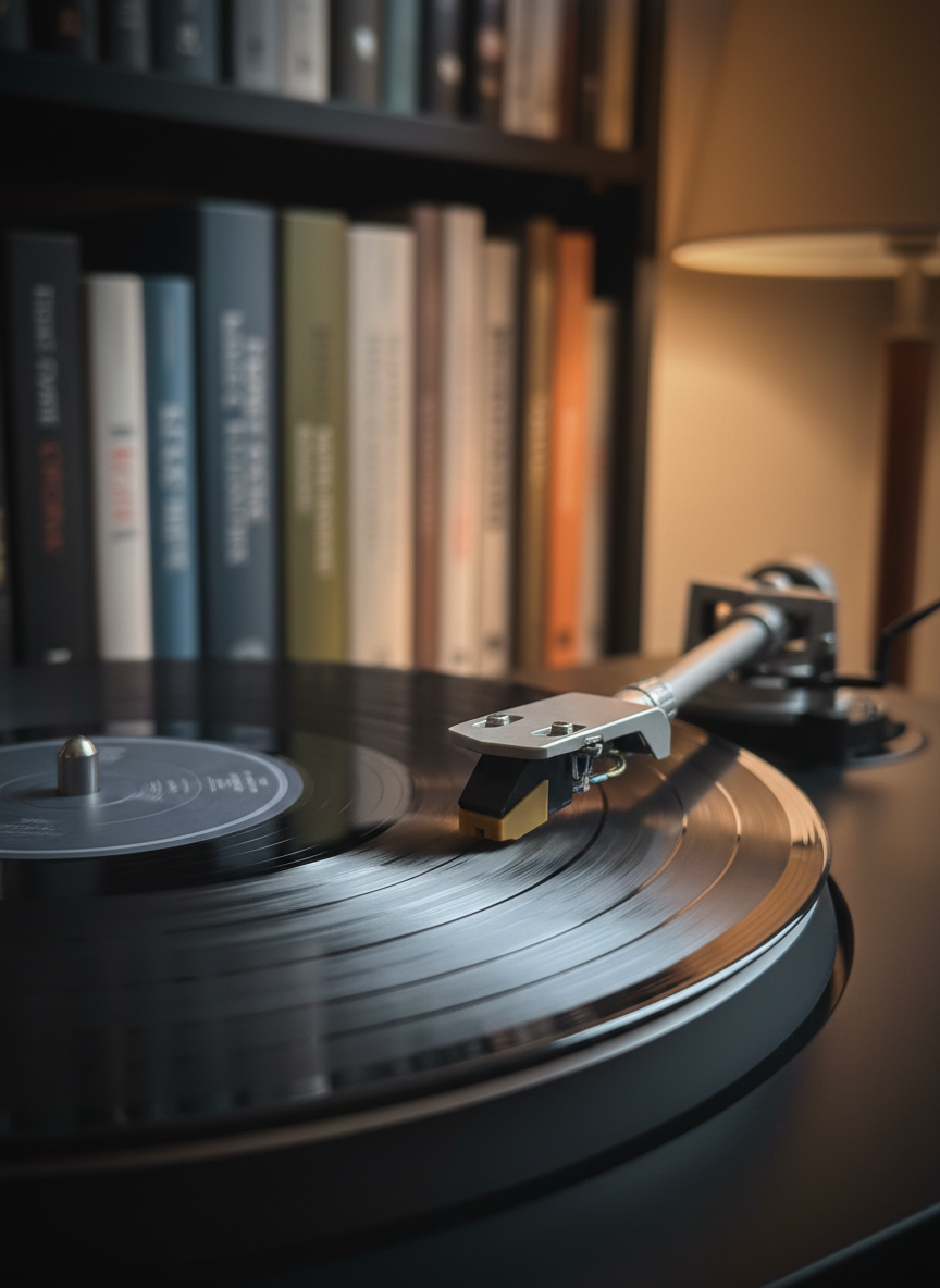 A close-up of a turntable with a matte-black platter and a translucent charcoal vinyl record slowly spinning, the fine grooves sharply defined. The tonearm, in brushed aluminum, hovers just above the record, catching the soft reflection of a nearby amber table lamp. In the blurred background, shelves of art books and lyric collections rise up, their spines in muted, sophisticated colors. The lighting is warm and low, with gentle reflections on the record’s surface and a subtle vignette around the edges. Photographic realism, eye-level macro composition, shallow depth of field, evoking a reflective, intimate atmosphere where listening becomes part of the interview process.